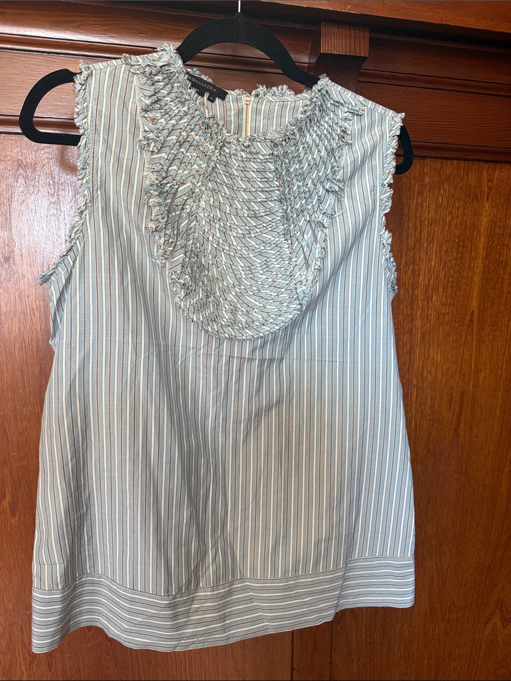 Vintage Y2K BCBGMaxAzria Blue and White Striped Smocked Silk Cotton Fringe Tank